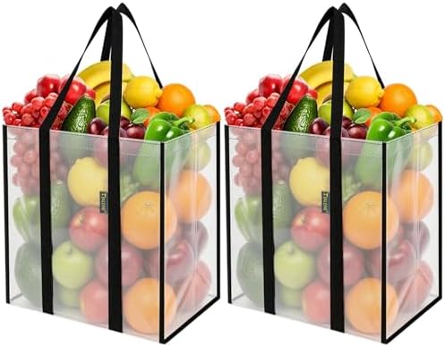 BALEINE 2 PK Grocery Bags Reusable Shopping Bags with Reinforced Bottom — Transparent