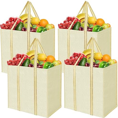 BALEINE 4 PK Grocery Bags Reusable Shopping Bags with Reinforced Bottom — Beige