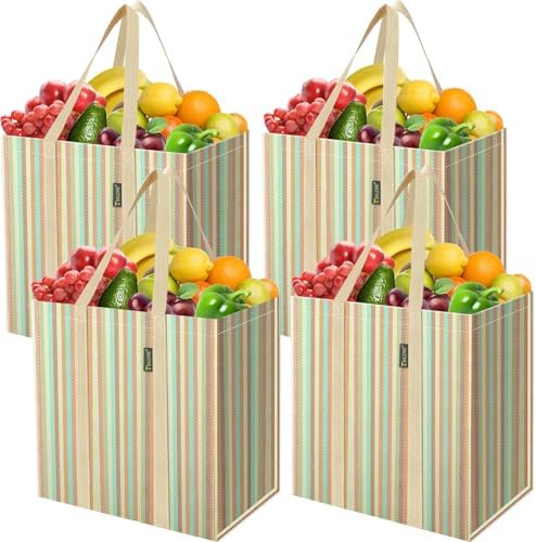BALEINE 4 PK Grocery Bags Reusable Shopping Bags with Reinforced Bottom — Color Strip