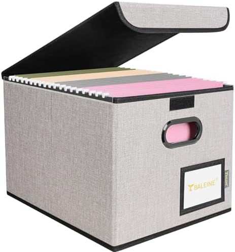 BALEINE File Organizer Box with Lid, Collapsible Hanging File Storage Box — Beige