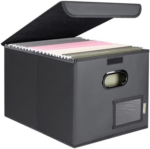 BALEINE File Organizer Box with Lid, Collapsible Hanging File Storage Box — PU Black