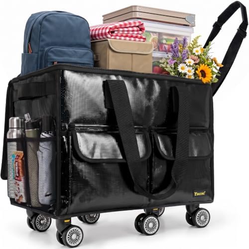 BALEINE Reusable Grocery Bag on Wheels, Foldable Rolling Tote Bag — Black Wide