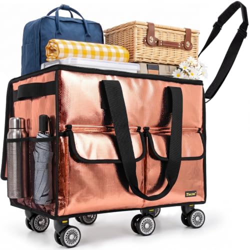 BALEINE Reusable Grocery Bag on Wheels, Foldable Rolling Tote Bag — Rose Gold Wide
